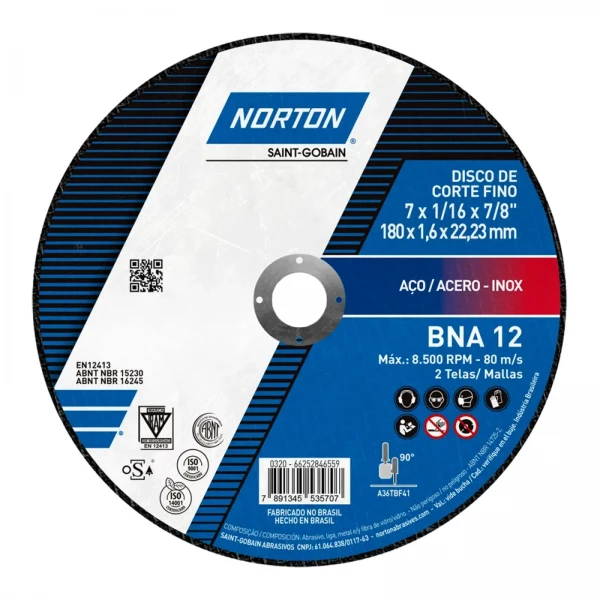 Disco de Corte Fino Norton BNA 12 Aço/Inox 180x1,6x22,23mm