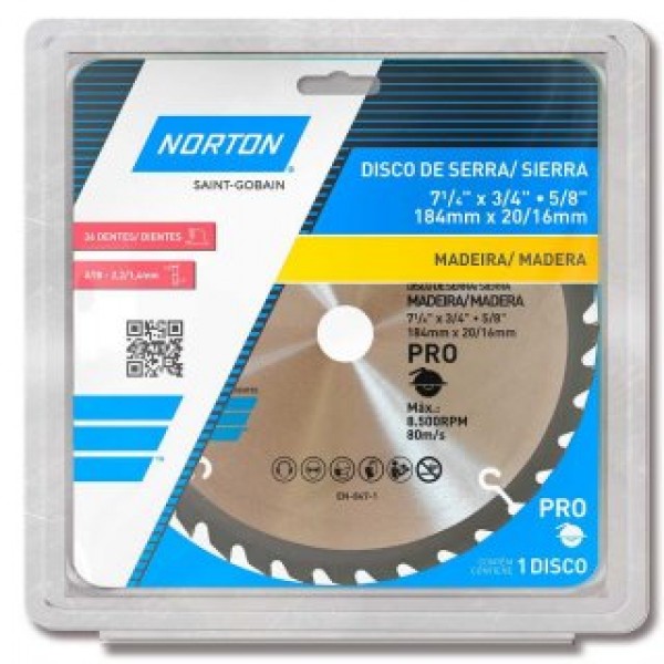 Disco de Serra para Madeira 7 1/4" x 3/4" x 5/8" 184mm x 20/16mm - Norton 36D