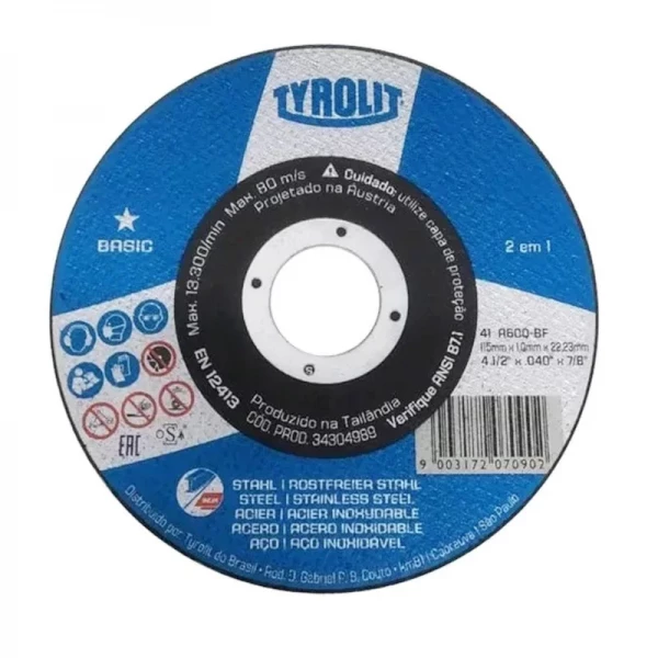 Disco de Corte Tyrolit Basic Aço e Inox 115 X 1.0 X 22.23