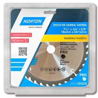 Disco de Serra para Madeira 7 1/4" x 3/4" x 5/8" 184mm x 20/16mm - Norton 36D
